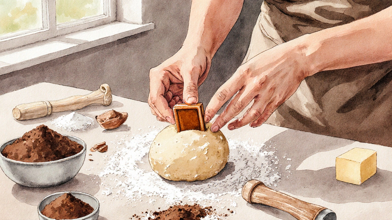 Hands placing caramel into cookie dough on a floured countertop with ingredients nearby.