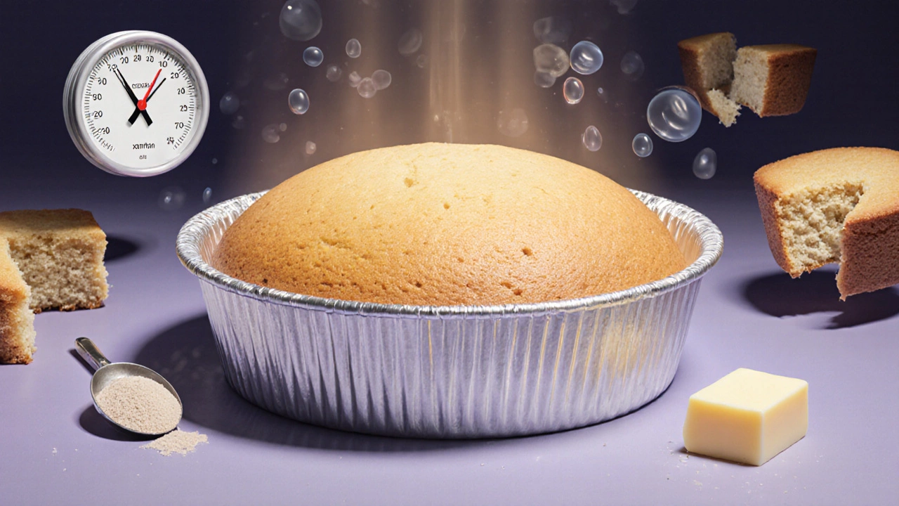 Perfectly baked gluten-free cake with floating helpful elements like gum, thermometer, and clock.