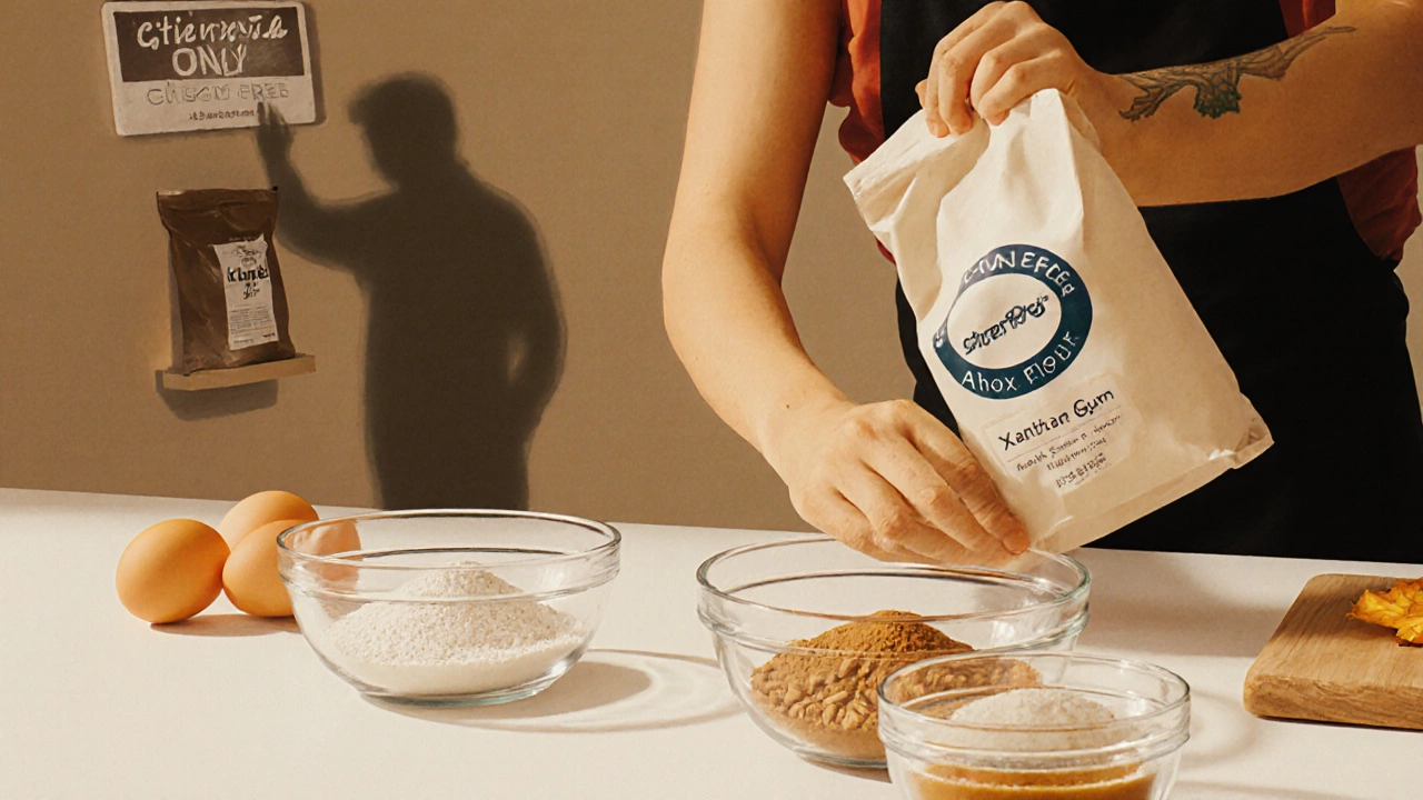 Person baking a gluten-free cake with certified ingredients in a clean kitchen