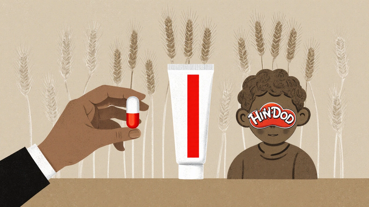 Pill, toothpaste, and Play-Doh with faint wheat stalks rising from them as hidden gluten symbols.