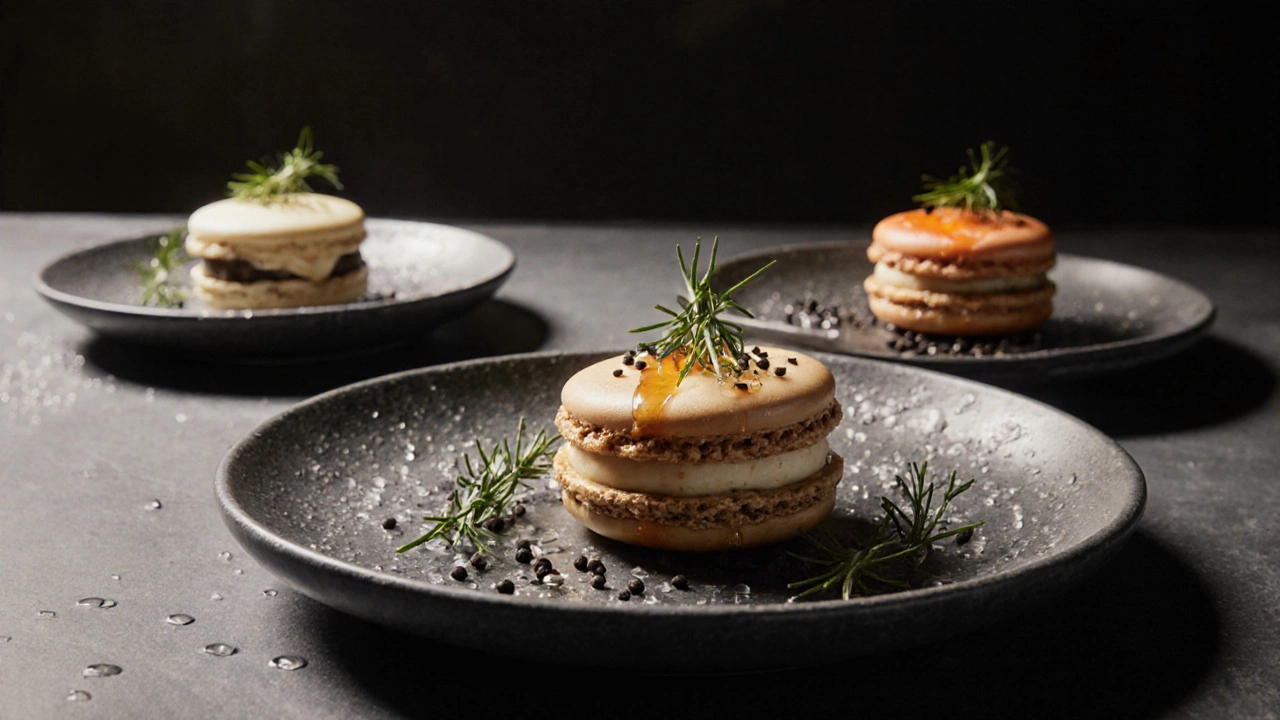 Savory macarons served on slate plates with thyme and pepper, chilled and elegant.