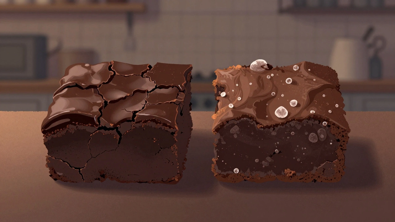 A brownie transforming overnight, showing fresh and matured textures side by side in soft focus.