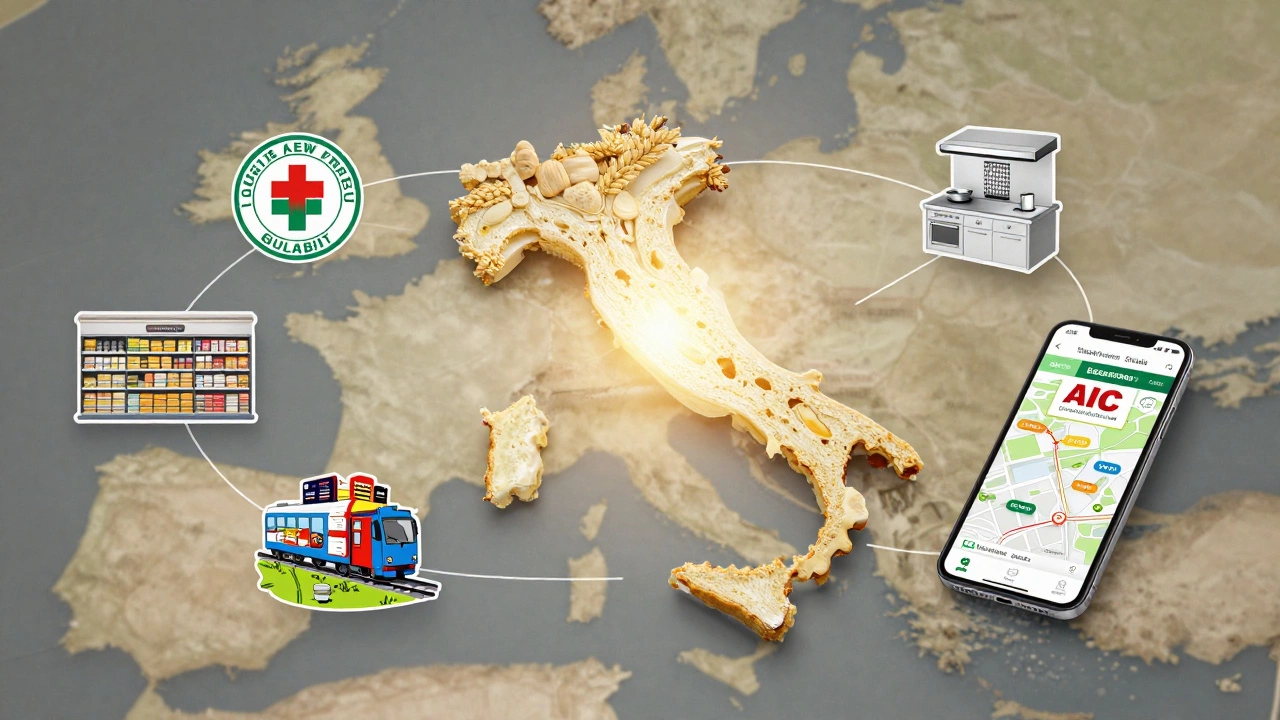 A conceptual image showing Italy’s gluten-free food system centered around a certified cake.