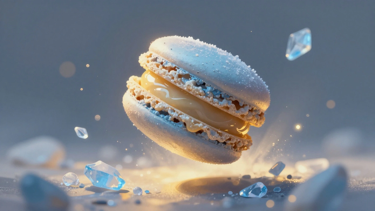 A frozen macaron shell thawing into a perfect filled macaron, surrounded by dissolving ice fragments in golden light.
