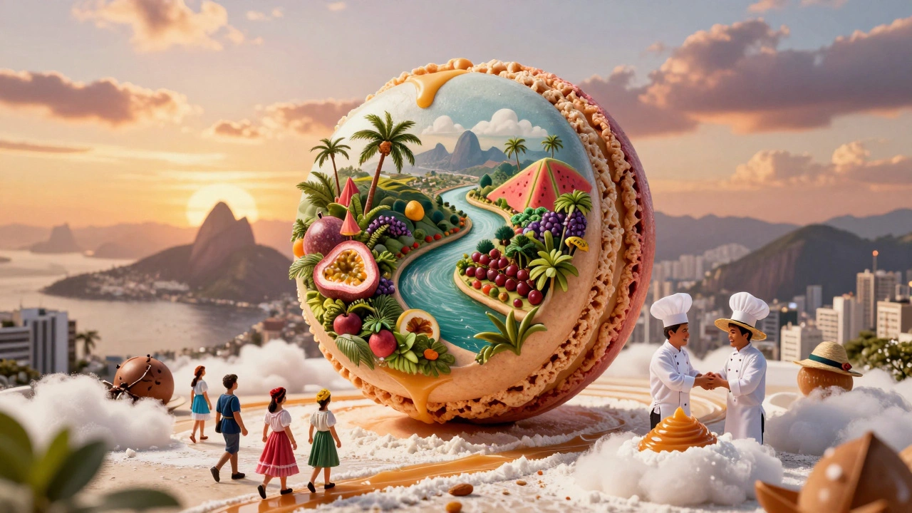 A giant macaron split open to reveal a tropical Brazilian landscape, blending French pastry with local fruits.