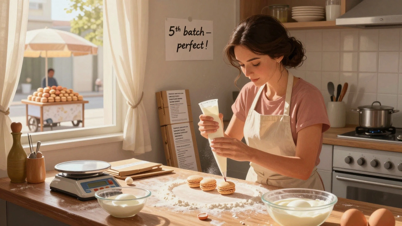 A home baker in a sunlit kitchen piping macaron filling, with shipping boxes and a digital scale on the counter.