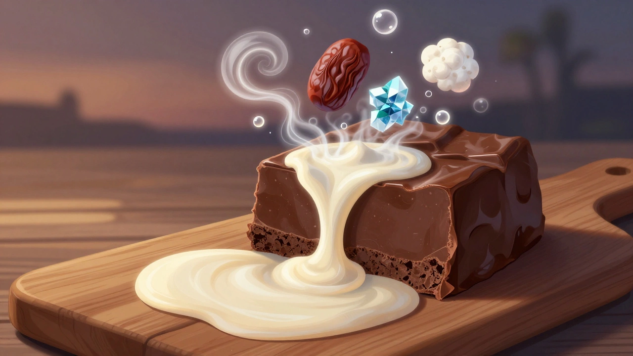 A melting slice of fudge with glowing ingredient elements rising from it in a dreamy, surreal composition.