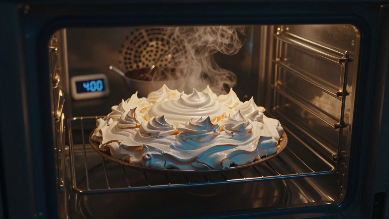A pavlova cooling inside a dark oven, glowing softly, with steam rising as night falls in the kitchen.