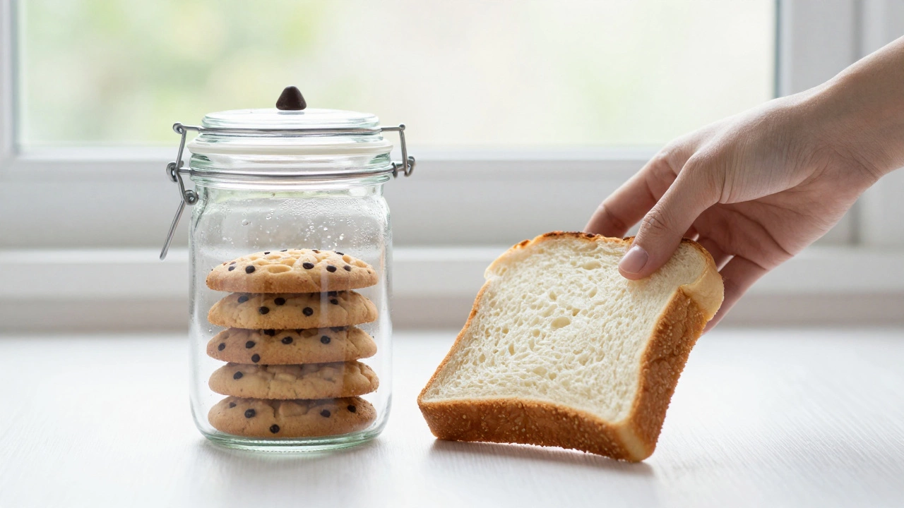 A slice of bread beside soft cookies in an airtight jar, highlighting moisture retention for freshness.