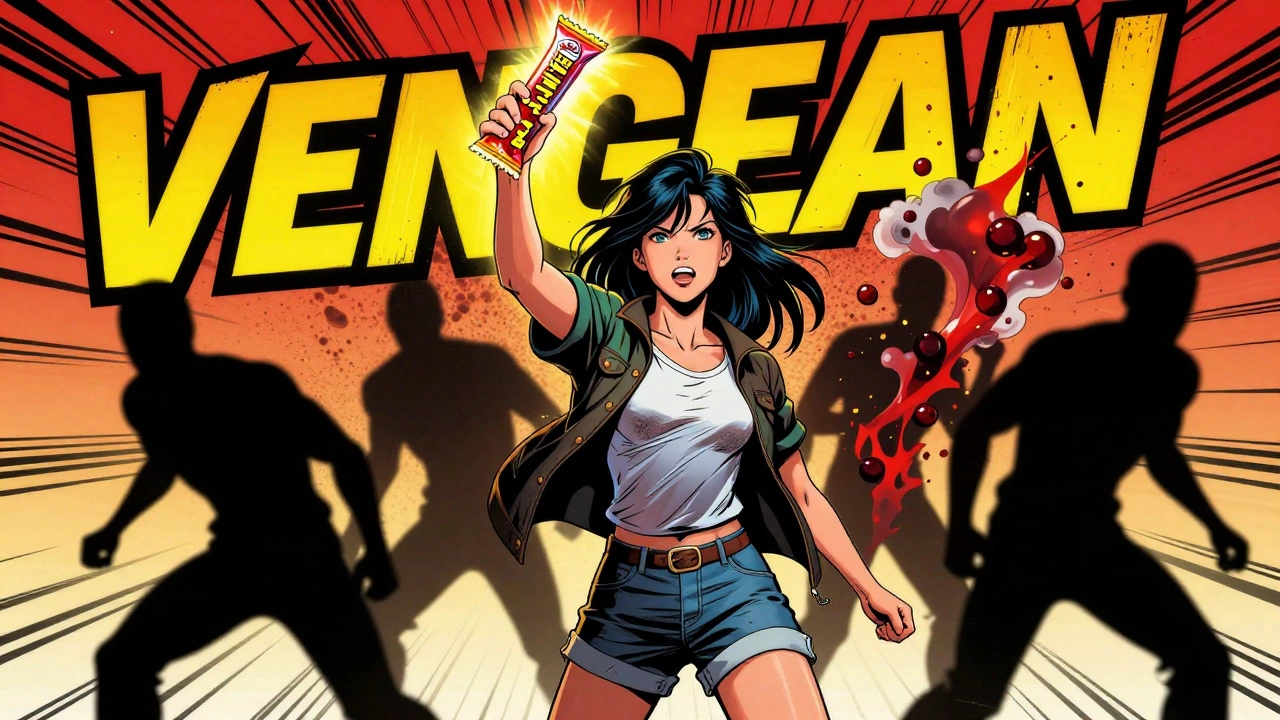 A superheroine holding a glowing vegan candy bar as shadowy non-vegan ingredients dissolve behind her in bold comic book style.