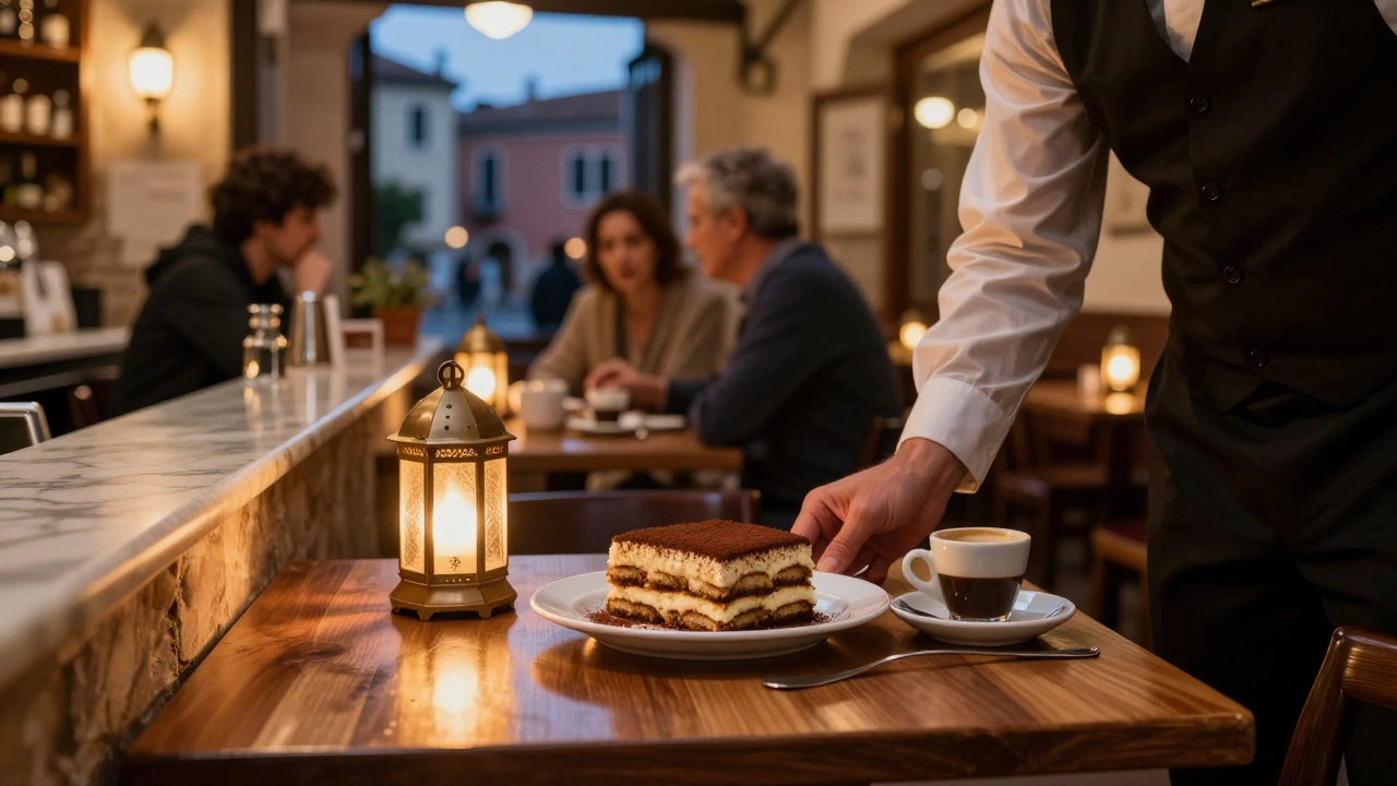 A waiter serving tiramisu in a cozy Italian restaurant in Treviso with espresso beside it.