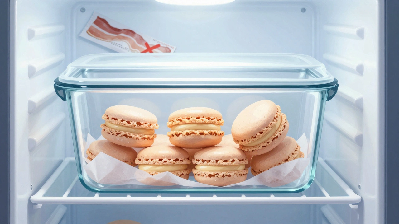 Airtight glass container of macarons in a refrigerator, separated by parchment paper, with a forbidden bacon wrapper nearby.