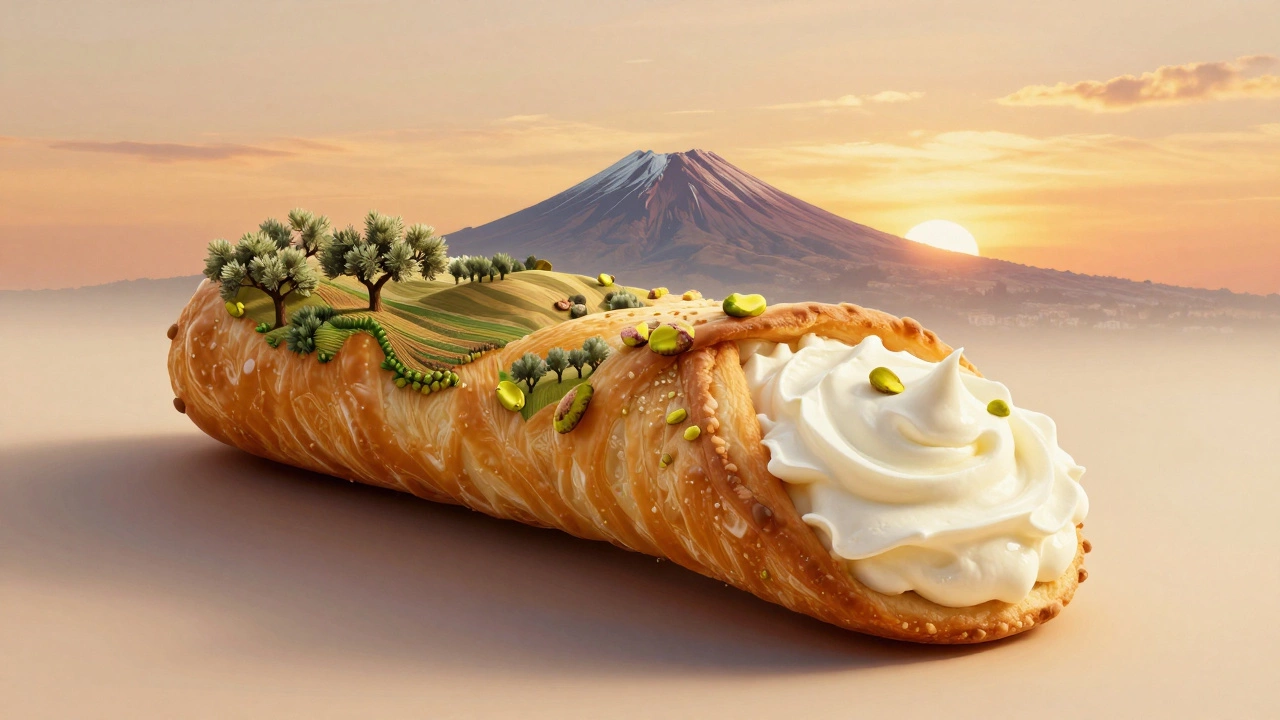 Conceptual cannoli shaped like a scroll, filled with Sicilian landscape and pistachio trees