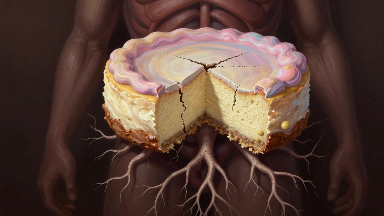 Cracked cheesecake with roots extending into a human body, symbolizing digestive distress.