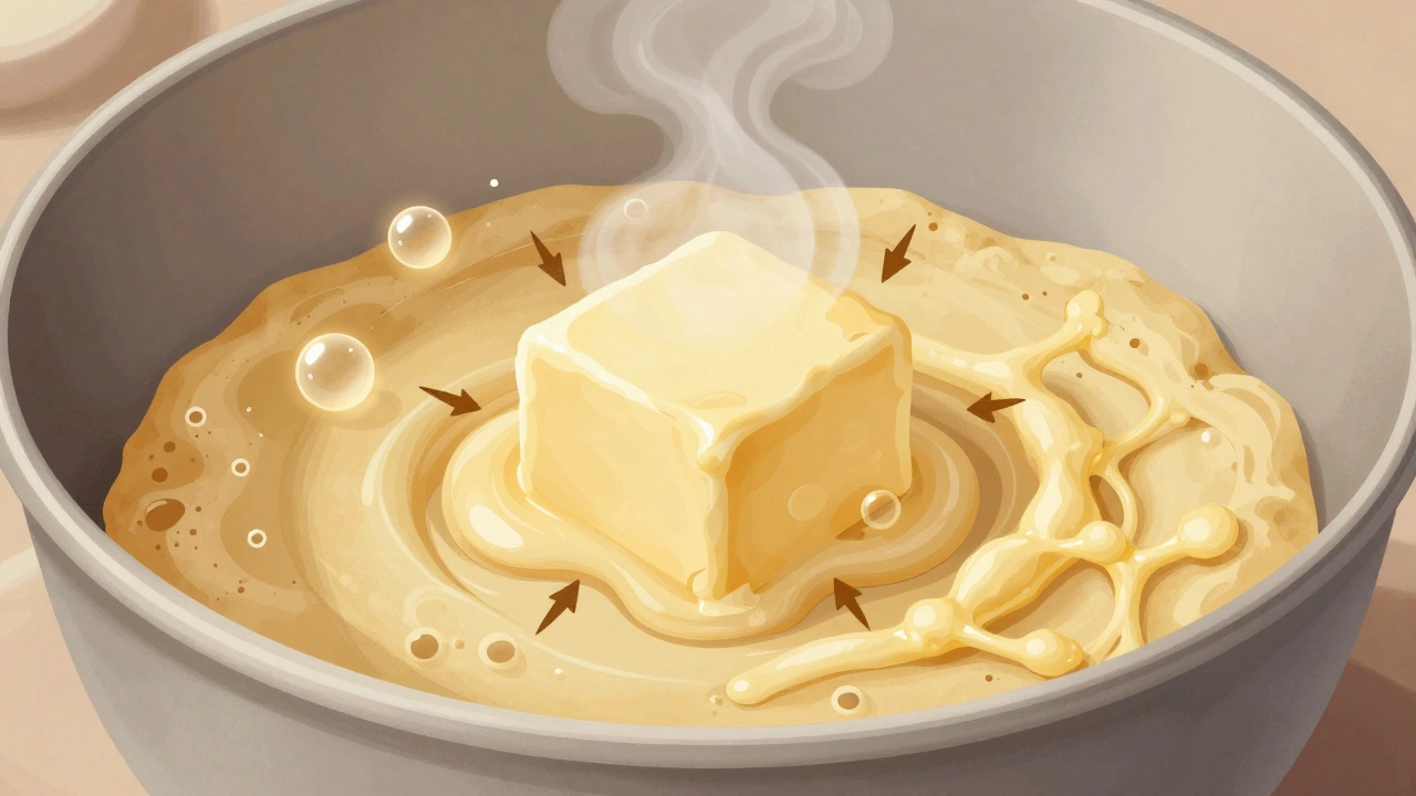 Cross-section of cookie dough showing air bubbles, steam pockets, and fat coating flour proteins.