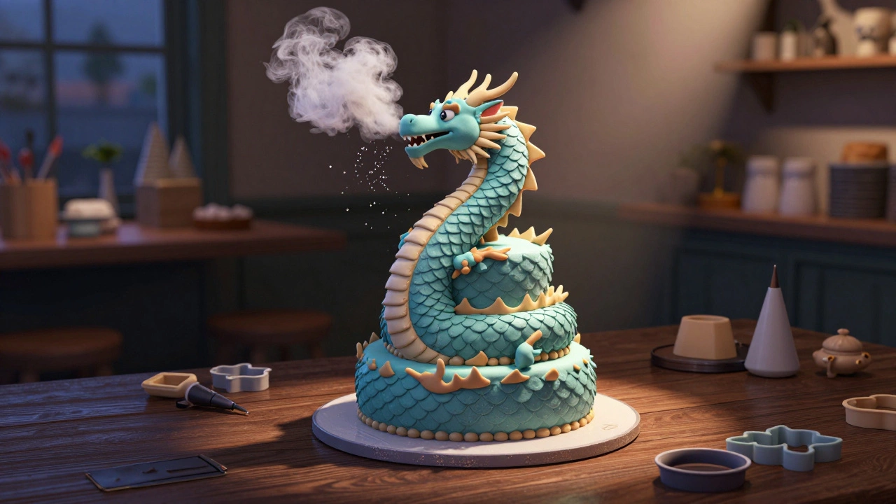 Detailed dragon birthday cake with fondant scales and cotton candy smoke in a bakery setting.