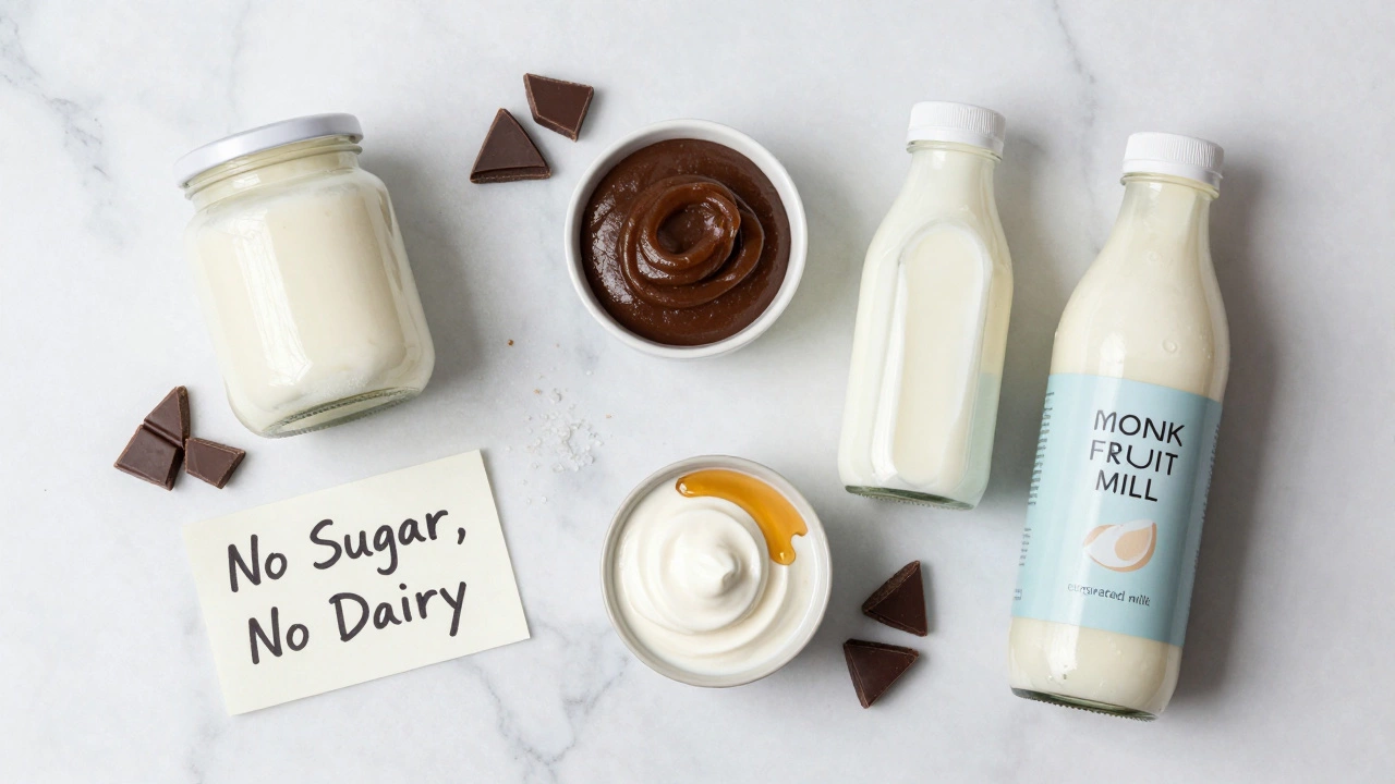 Five healthy fudge substitutes arranged on a marble counter with chocolate and sea salt, minimalist flat-lay style.