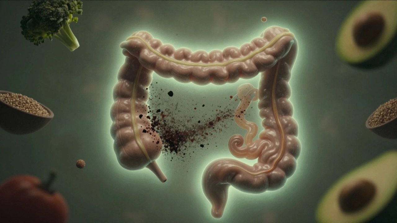Glowing gut pathway transforming from chaotic debris to smooth flow, surrounded by whole foods.