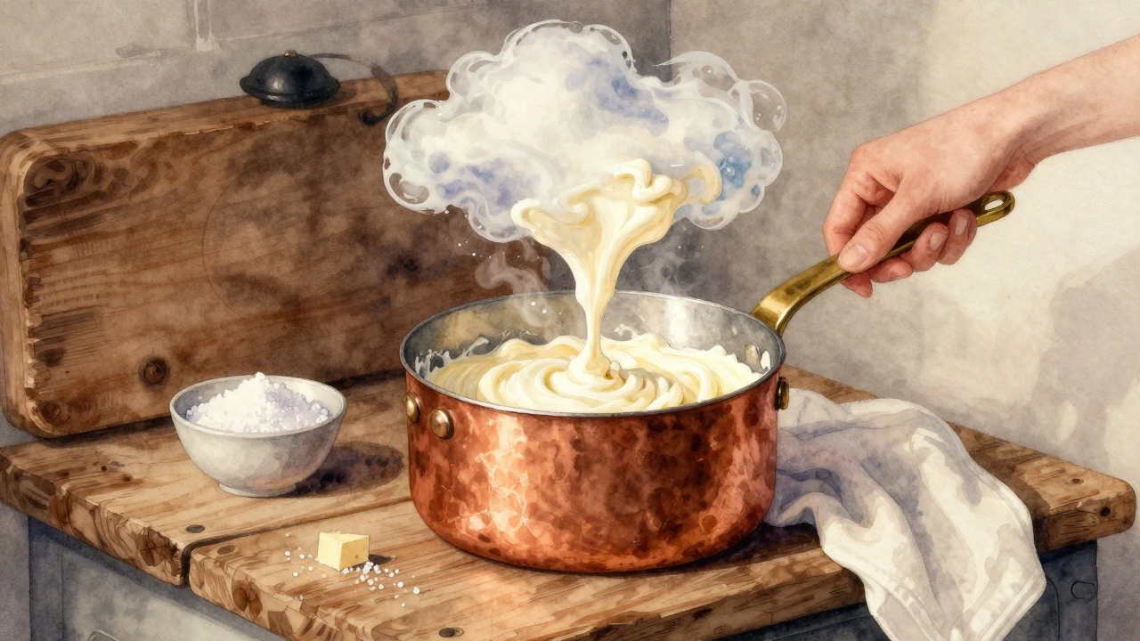 Hand pouring cream into a saucepan with cheesecloth and citric acid nearby.