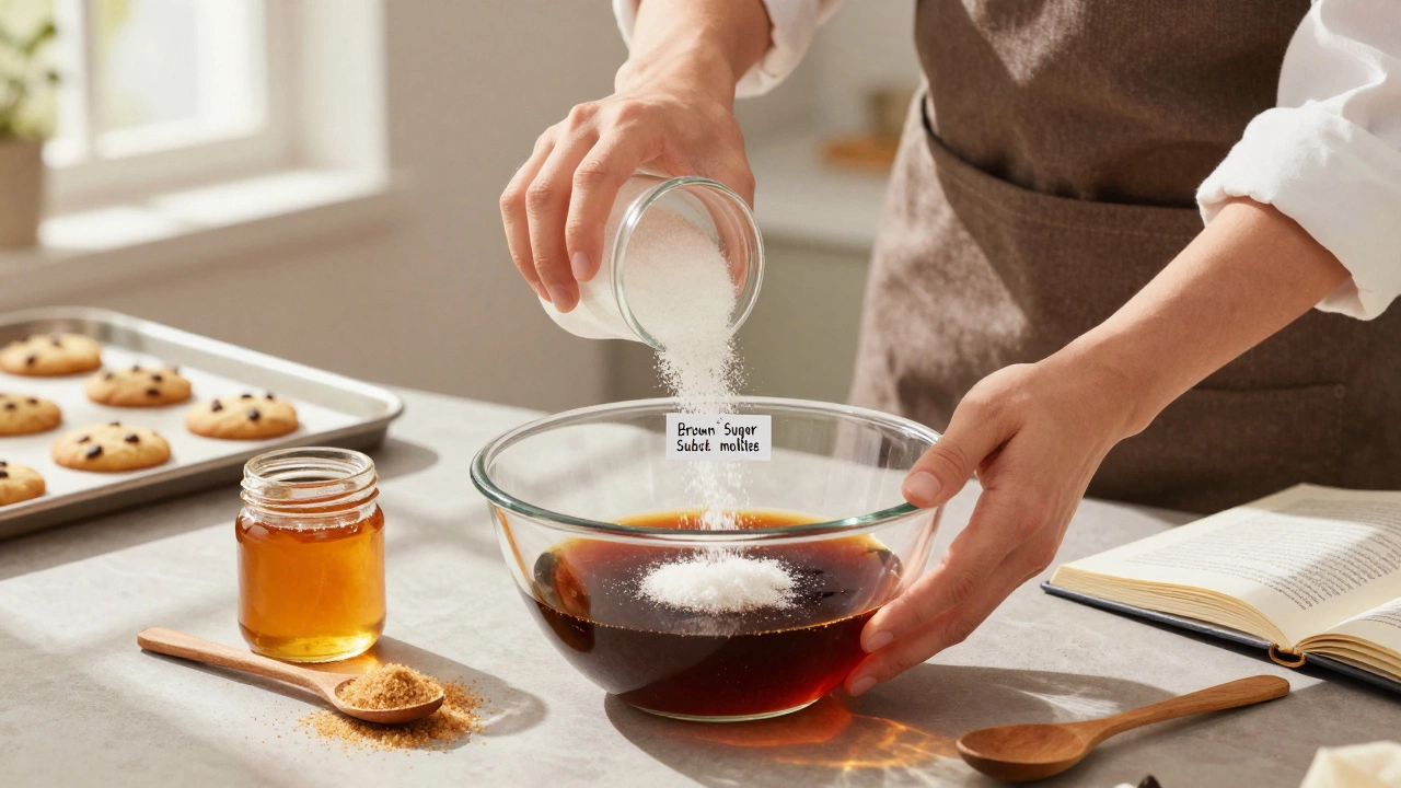 Hands measuring white sugar and molasses to substitute brown sugar in cookie dough.