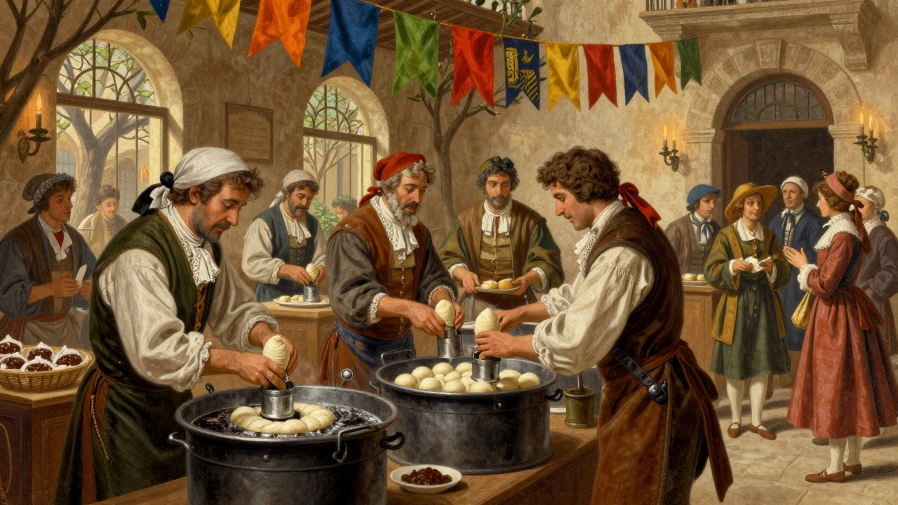 Historic Sicilian pastry shop during Carnevale with artisans making cannoli over oil vats