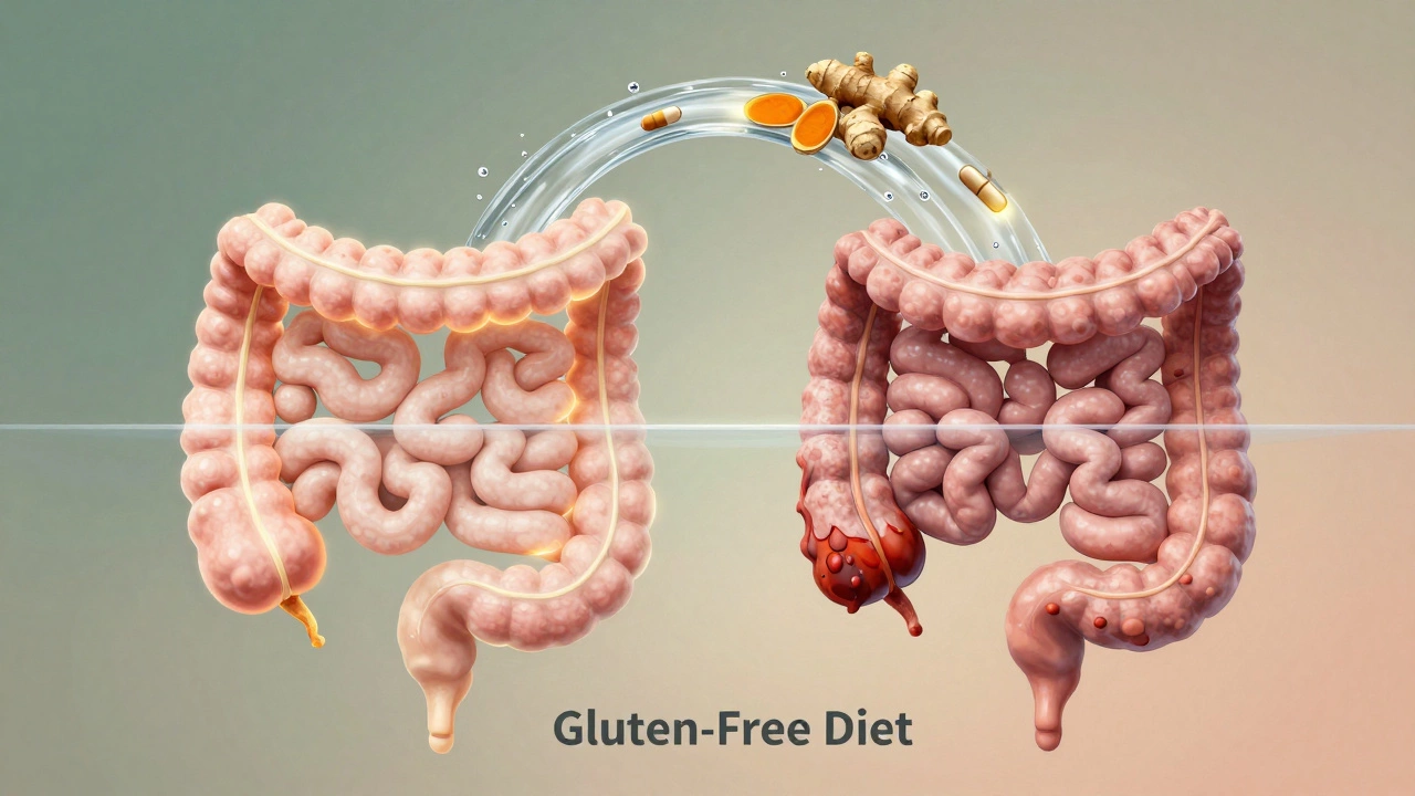 Illustration of a healthy vs. inflamed intestine with healing nutrients flowing in