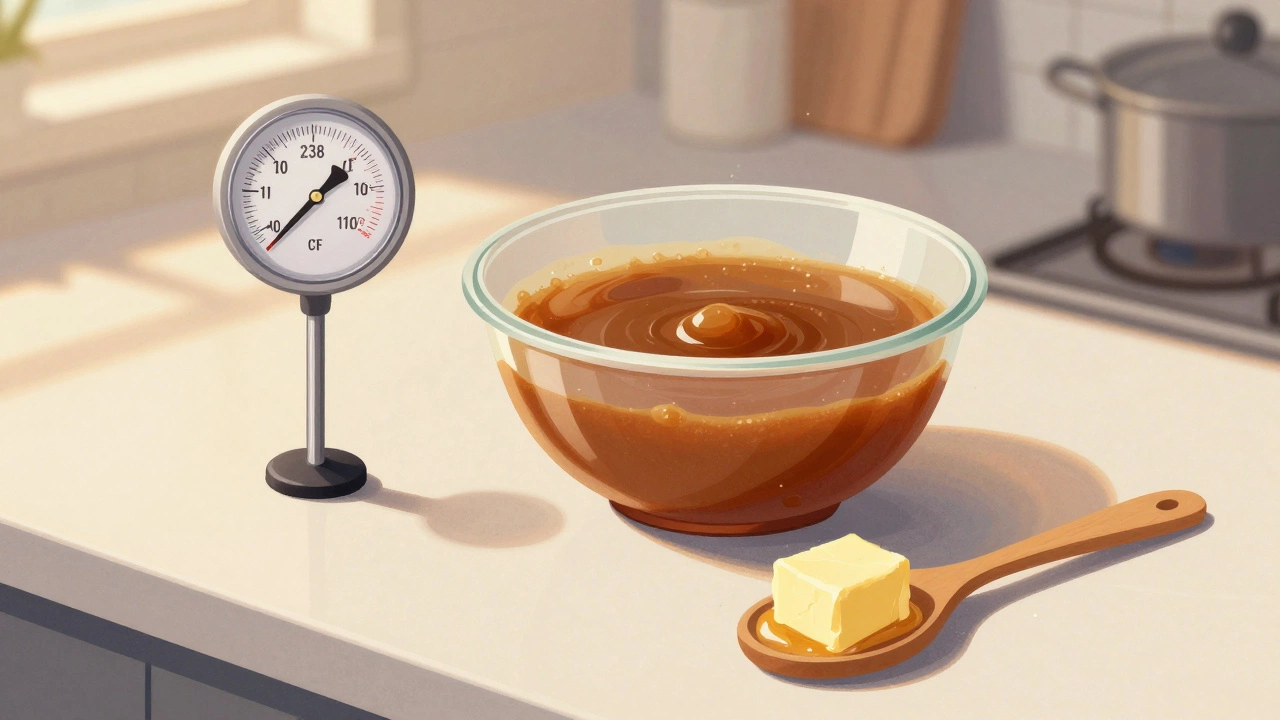 Kitchen counter with candy thermometer, cooling fudge mixture, and melting butter.