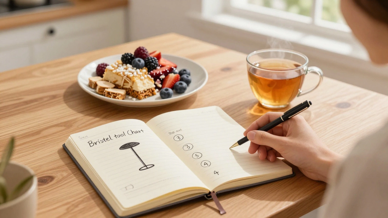 Person journaling about bowel habits with a healthy gluten-free dessert and herbal tea on the table.