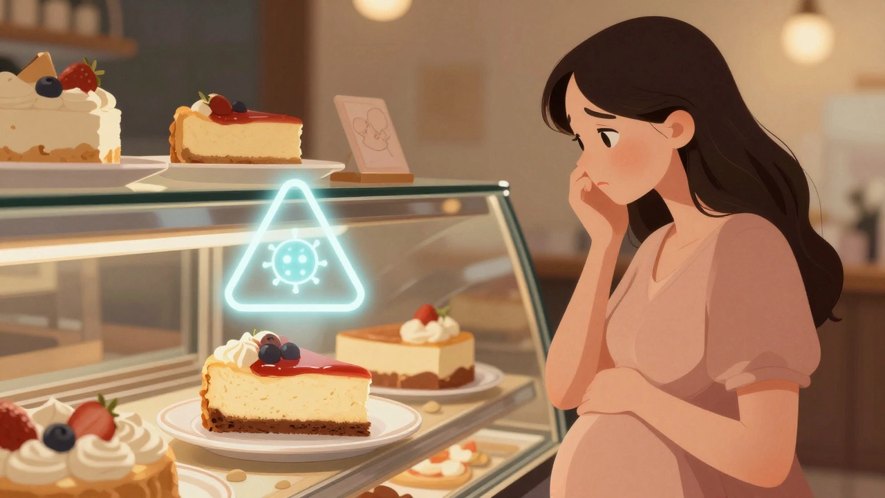 Pregnant woman hesitating before cheesecake with a warning symbol above it.
