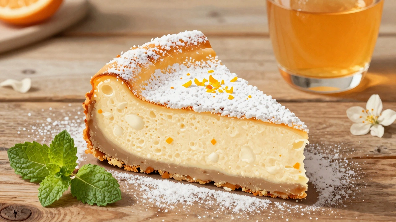 Slice of light Italian cheesecake with citrus zest, served on wooden table with mint sprig.
