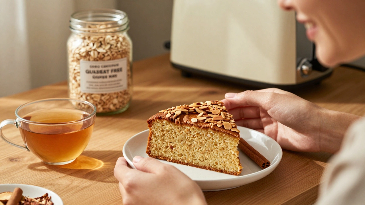Someone enjoying a homemade gluten-free cake with tea on a wooden table