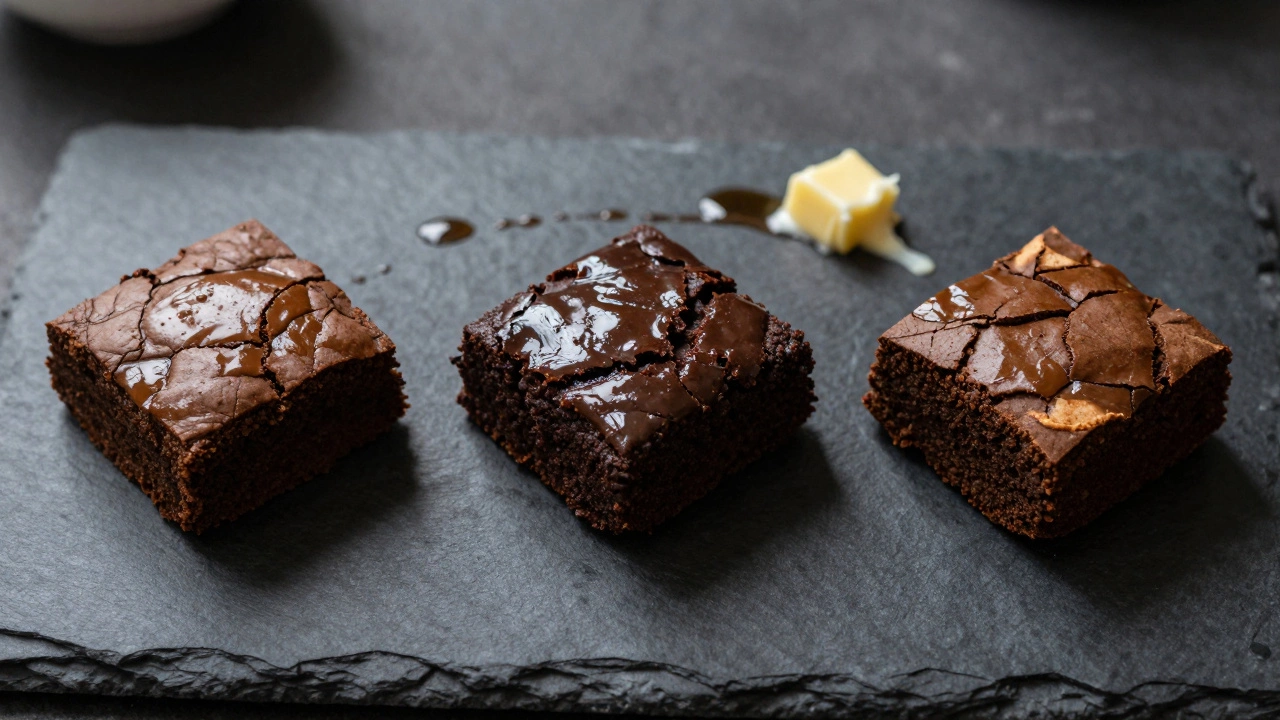 Three brownies at different stages—day one, two, and three—on a slate plate with subtle flavor trails.