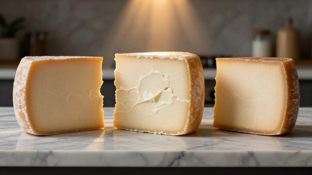 Three cheese blocks on marble counter, cream cheese highlighted as the best for cheesecake.