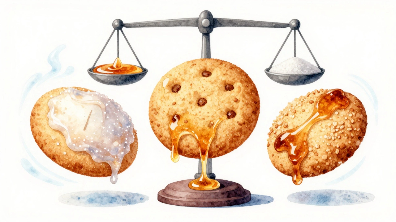 Three floating cookies representing different sugar substitutes with texture auras.