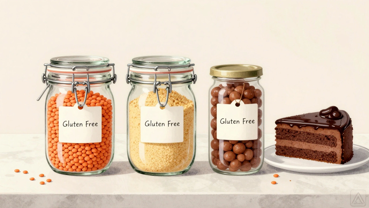 Three jars of lentils, lentil flour, and canned lentils beside a gluten-free chocolate cake.
