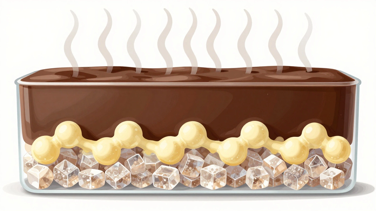 Three scientific layers showing sugar crystals, butter coating, and slow cooling in fudge.