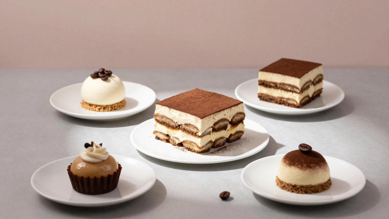 Tiramisu as the centerpiece on a global dessert table under a soft spotlight.