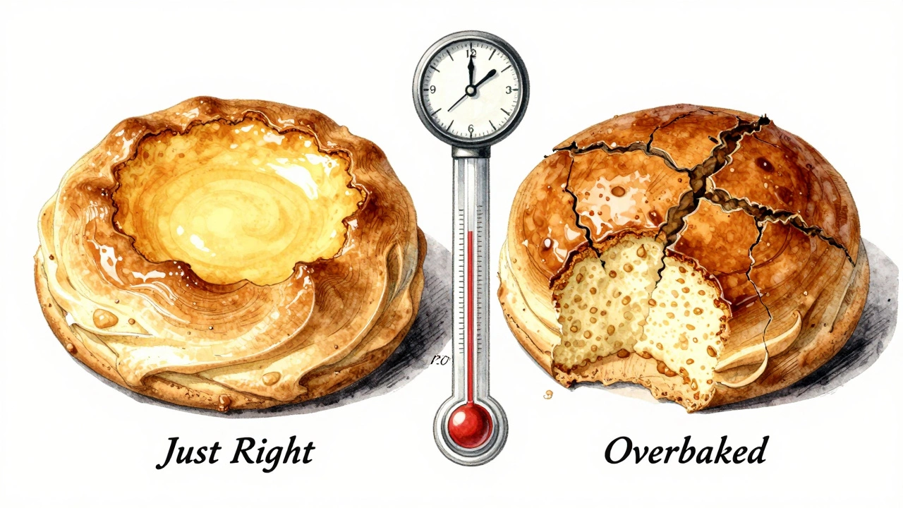 Vintage-style illustration comparing ideal and overbaked pavlova textures with temperature and time labels.