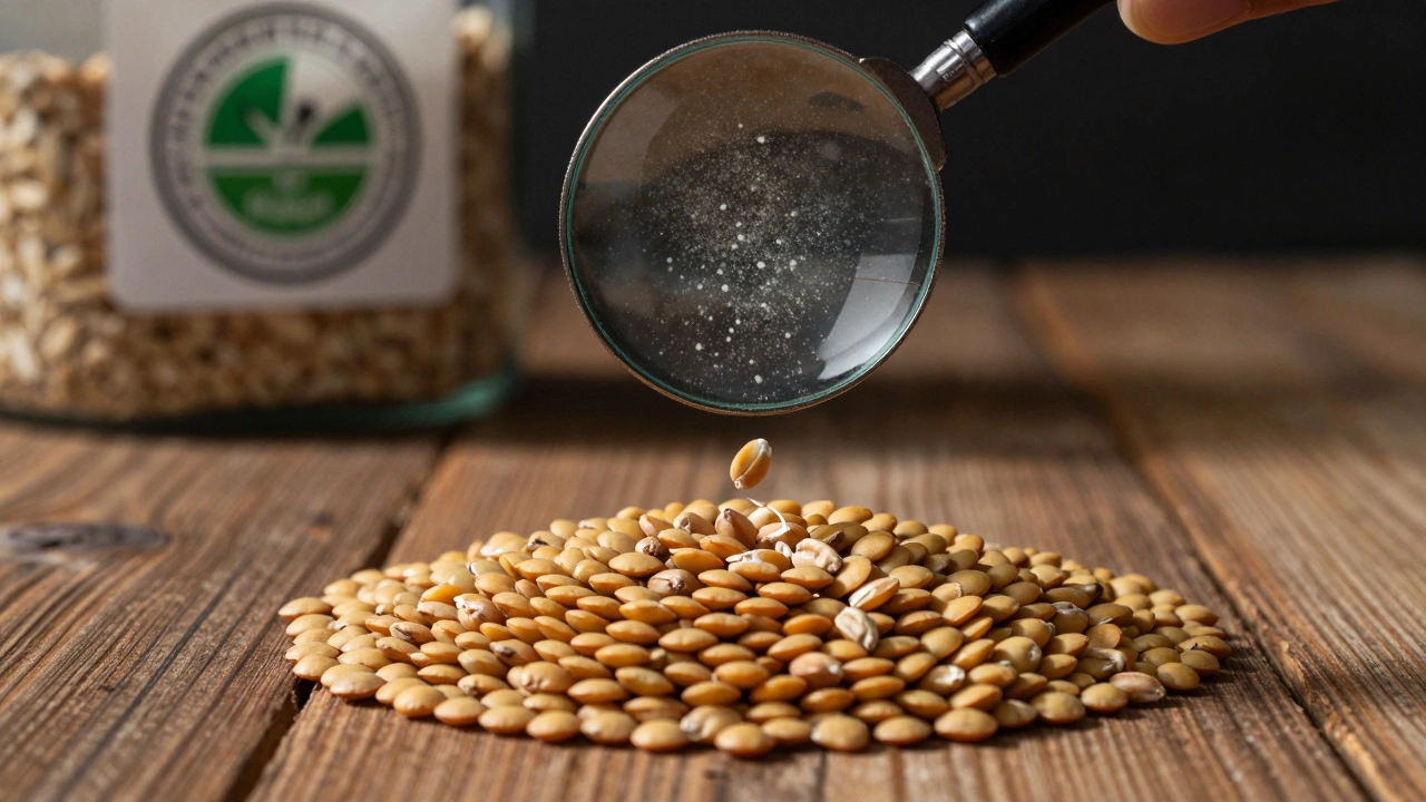 Wheat kernel falling into lentils with a gluten-free facility logo in the distance.