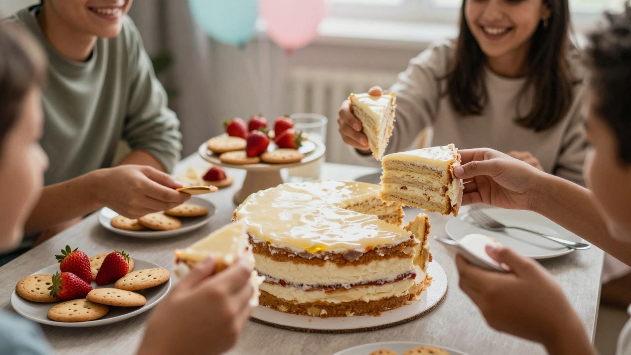 14-inch round cake at a birthday party with guests serving themselves alongside other desserts.