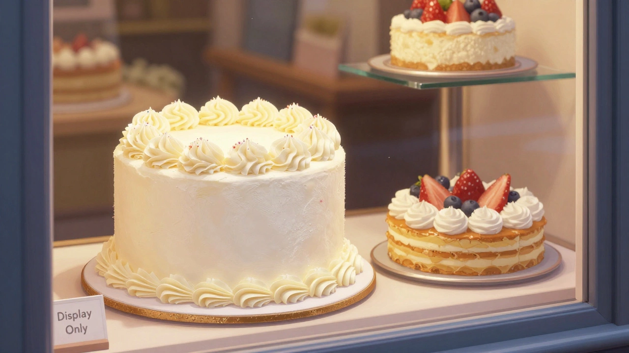 A bakery window displaying a lifelike dummy cake beside real cakes, with a 'Display Only' sign.