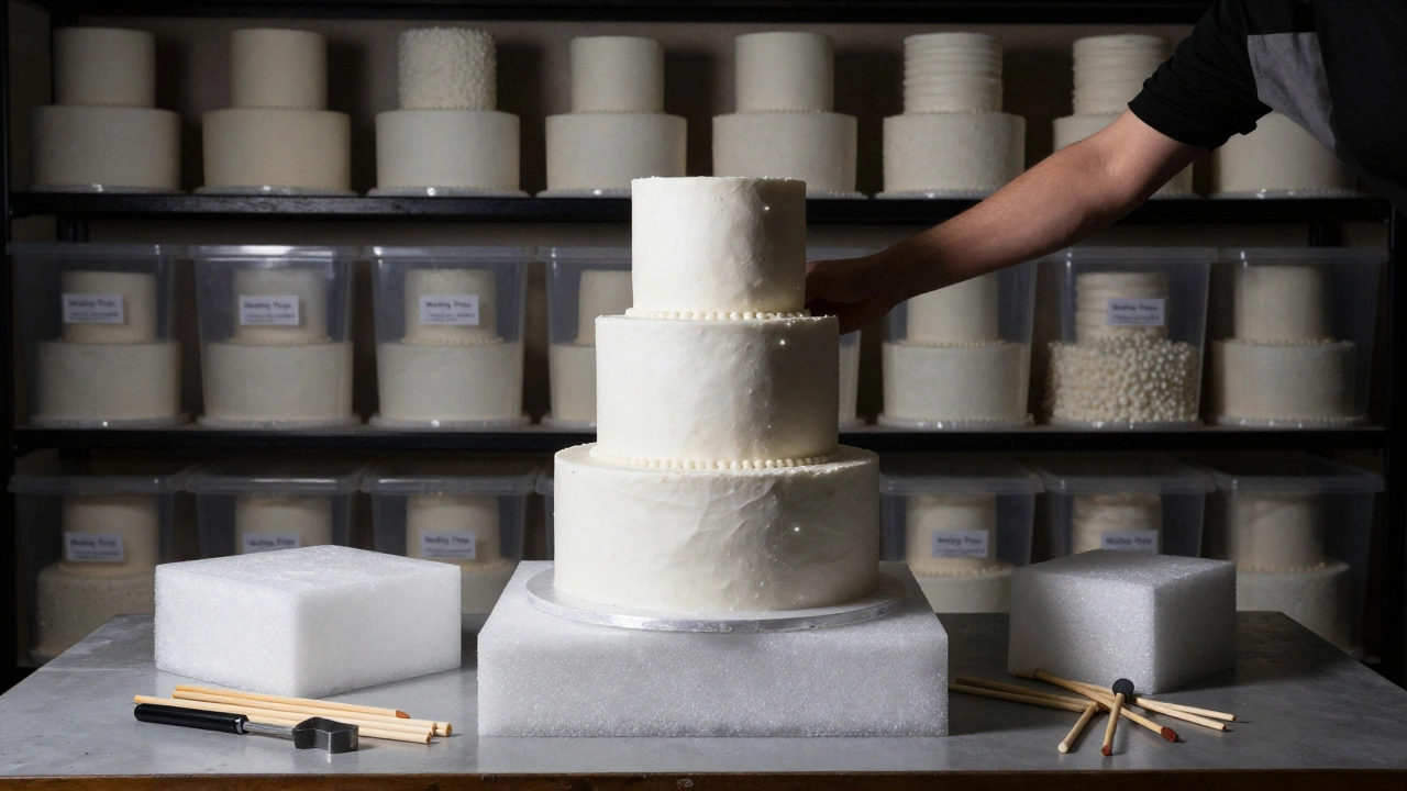 A hand placing a real cake tier on top of stacked foam dummy cake layers with tools nearby.