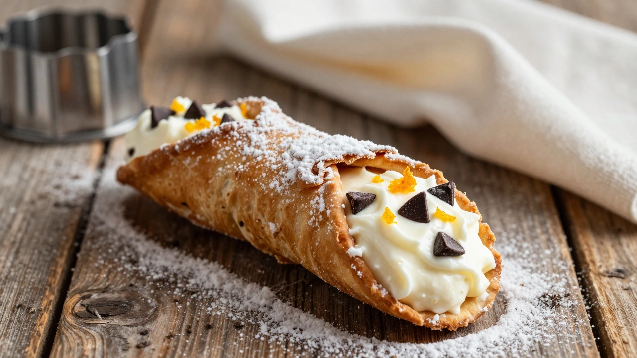 A perfectly filled traditional cannoli with crisp shell and ricotta studded with chocolate chips.
