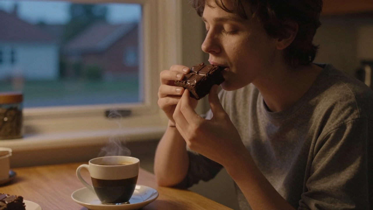 A person savoring a brownie at a cozy kitchen table at dusk, eyes closed in quiet delight.