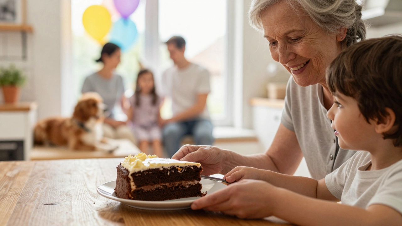 An elderly woman giving a slice of chocolate cake to a child at a sunlit kitchen table, conveying quiet family joy.