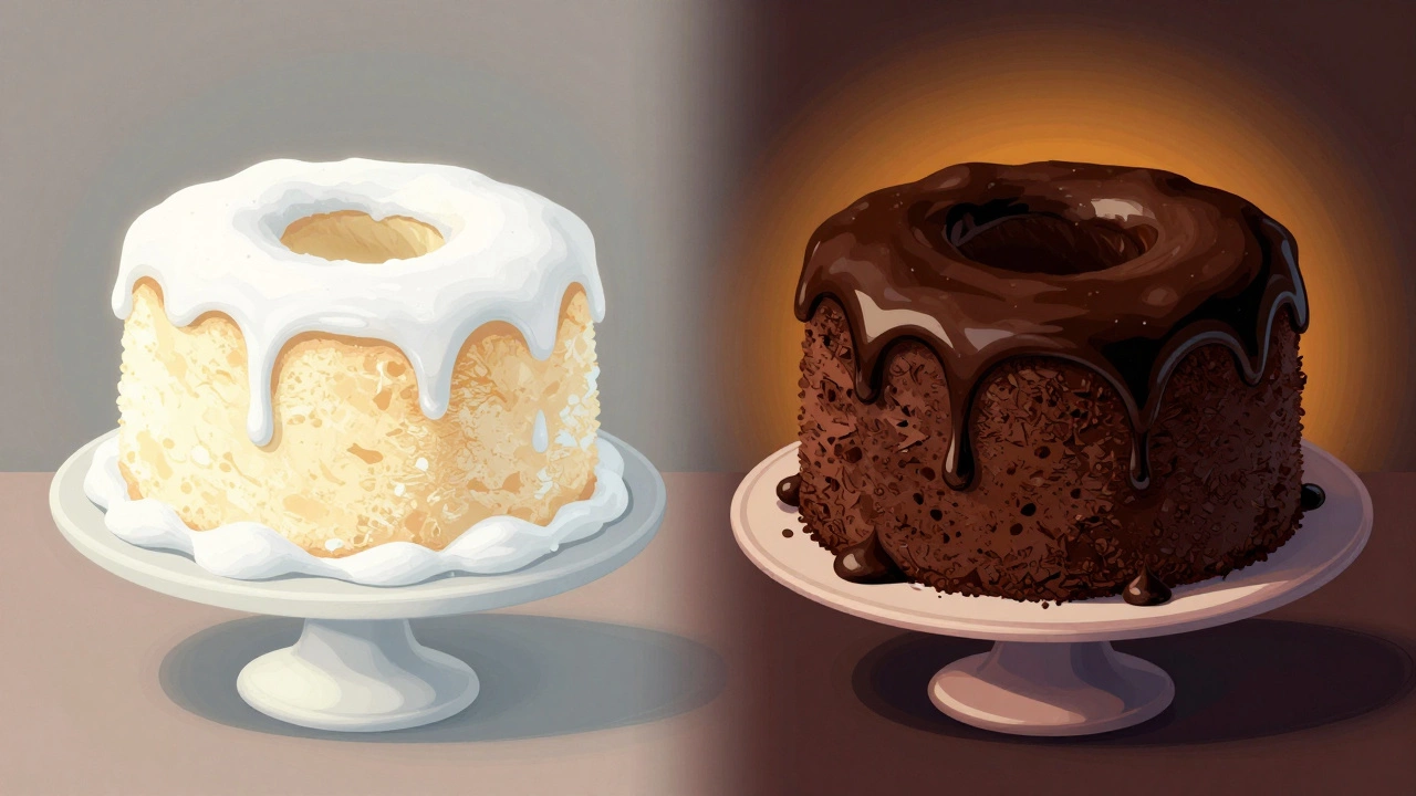 Contrasting angel food cake and devil’s food cake under dramatic lighting, symbolizing light versus dark desserts.