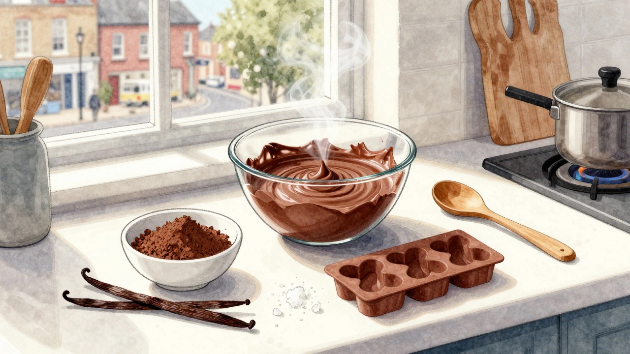 DIY vegan chocolate being made at home with cocoa butter, cacao powder, and molds.