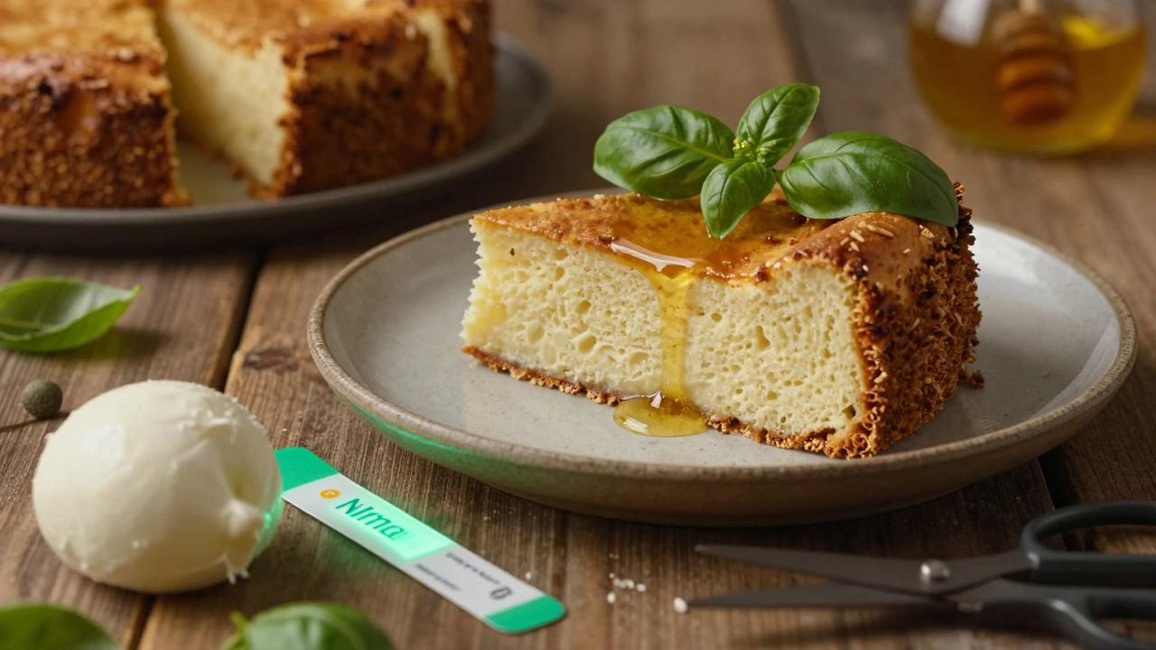 Gluten-free mozzarella cake slice with test strip and fresh cheese on ceramic plate.