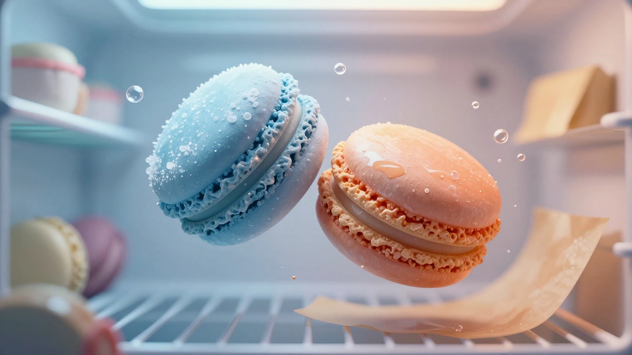 Macaron splitting between frozen and thawed states with floating moisture particles.