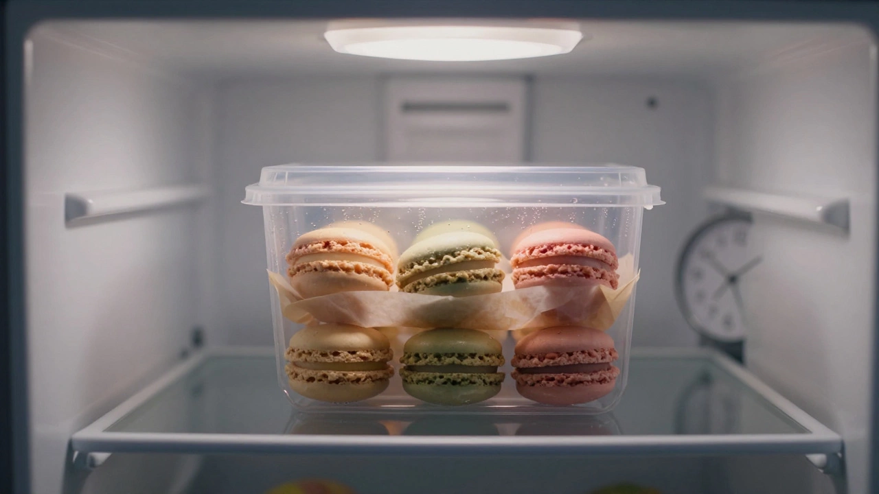 Macarons stored in a fridge container with parchment layers, condensation on lid.